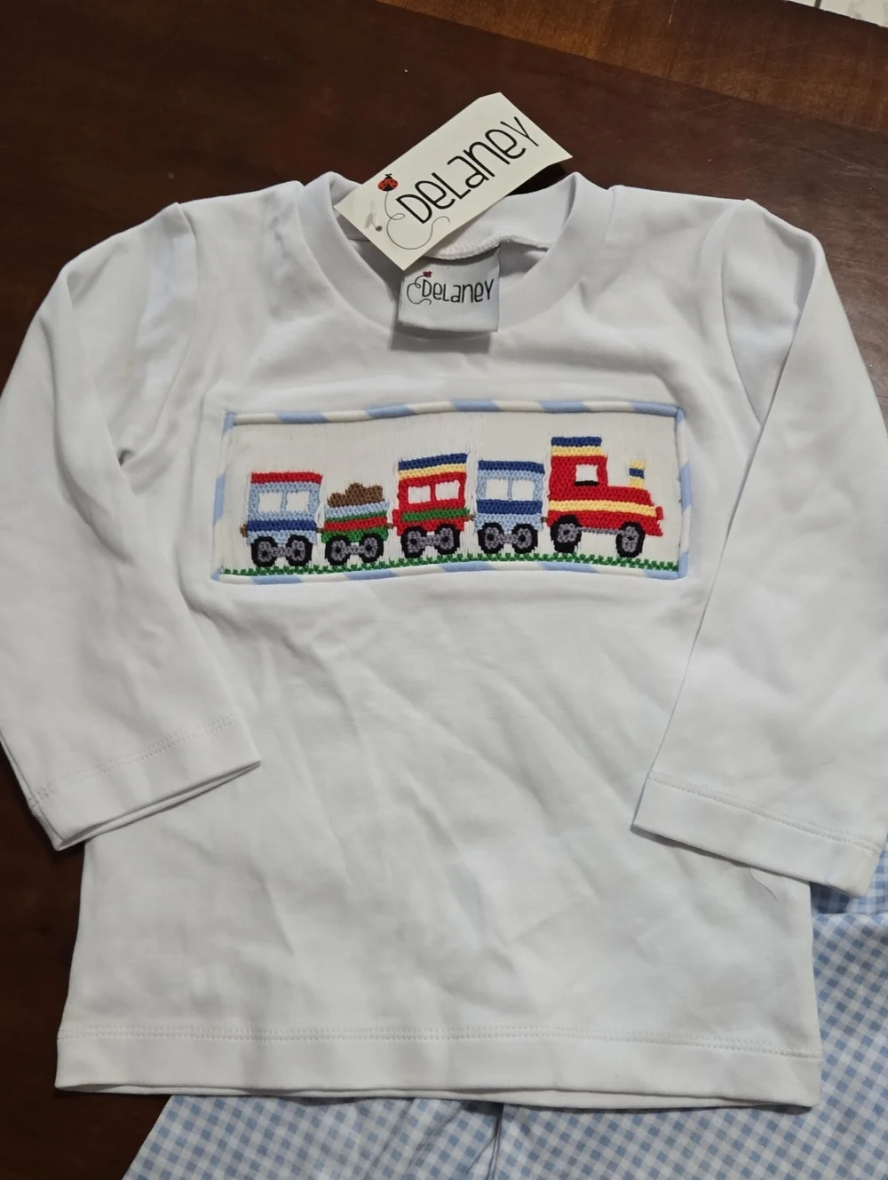Delaney White and Light Blue Train-Embroidered Kids Smocked Set